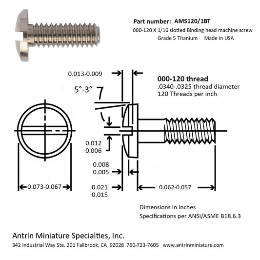 000-120 x 1/16 slotted Binding head miniature machine screw, Titanium 