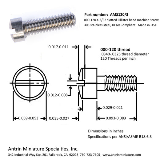 Part Number: AMS120/3

000-120 X 3/32 slotted Fillister head machine screw 303 stainless steel, DFAR Compliant

Made in USA