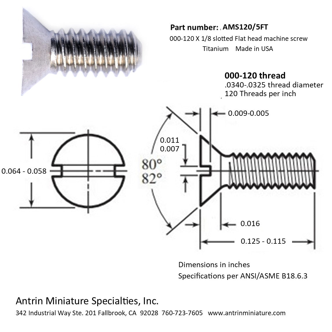 000-120 x 1/8 slotted Flat head miniature machine screw, Titanium