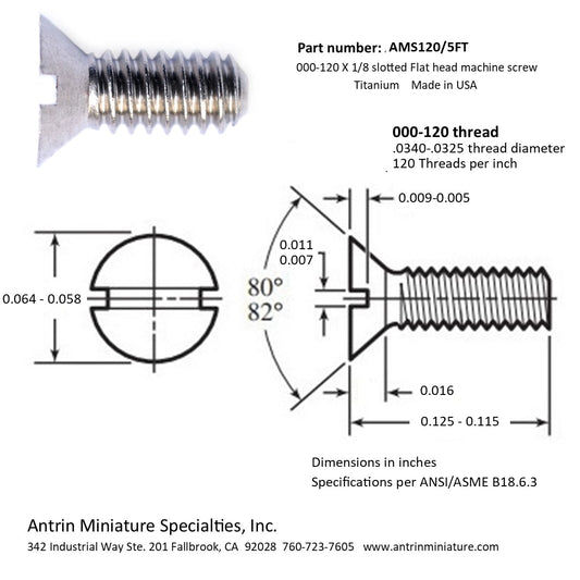 000-120 x 1/8 slotted Flat head miniature machine screw, Titanium