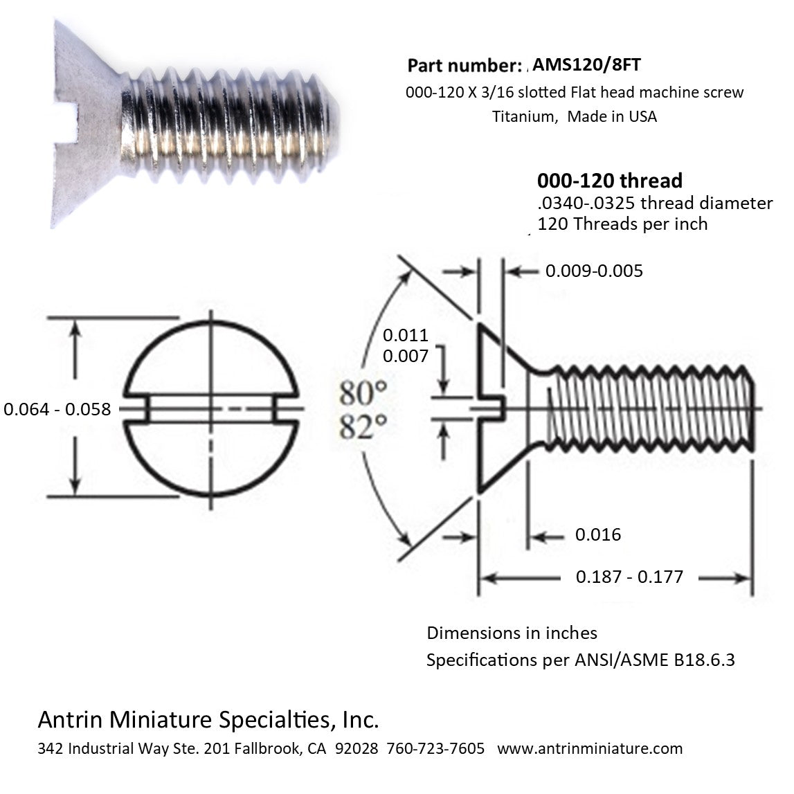 000-120 X 3/16 Slotted Flat head miniature machine screw titanium 