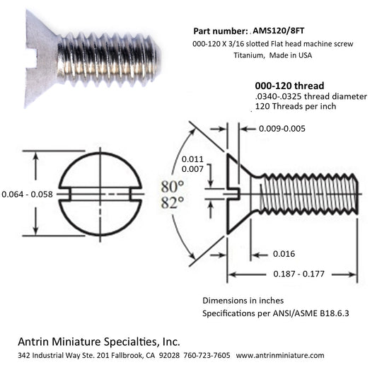 000-120 X 3/16 Slotted Flat head miniature machine screw titanium 