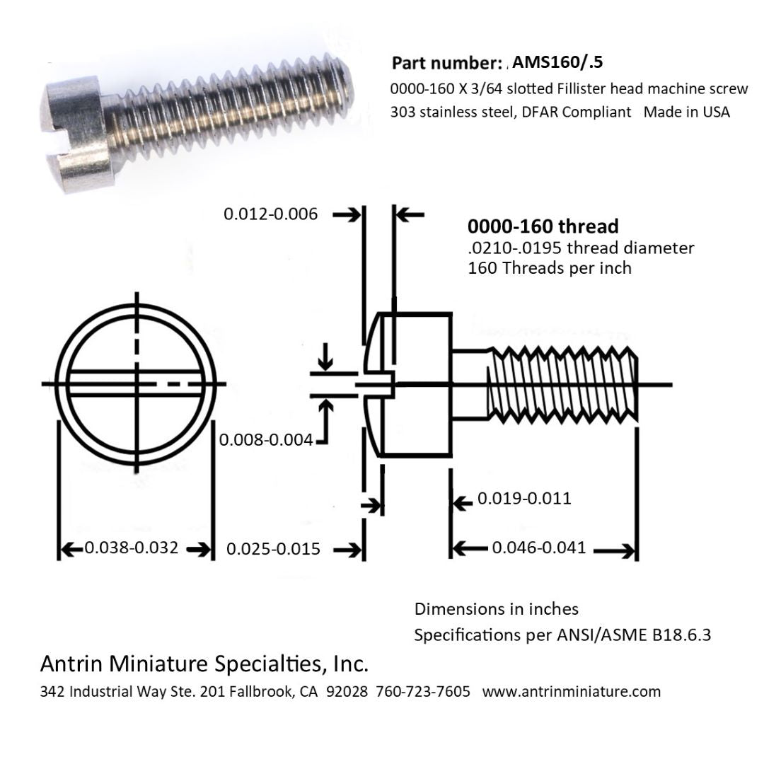 0000-160 x 3/64 Slotted Fillister head machine screw, 303 stainless steel, DFAR Compliant, Made in USA