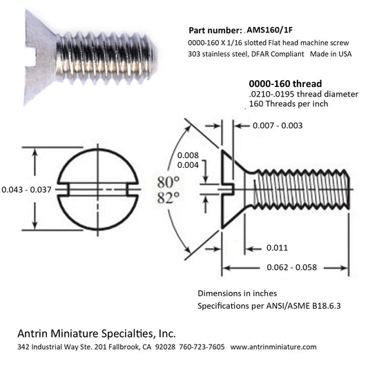 0000-160 x 1/16 slotted Flat head miniature machine screw stainless steel 