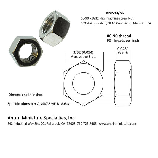 Part Number: AMS90/3N
00-90 X 3/32 Hex Machine Screw Nut, 303 stainless steel, DFAR Compliant.
Made in USA