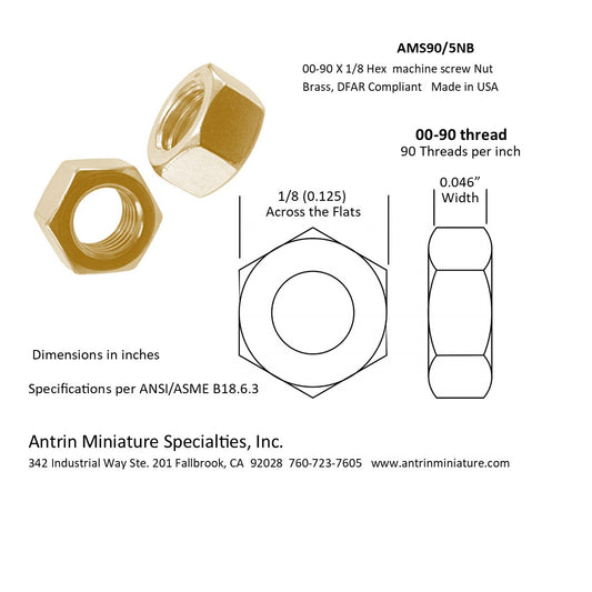 Part Number: AMS90/3NB
00-90 X 3/32 Hex Machine Screw Nut, Brass, DFAR Compliant.
Made in USA